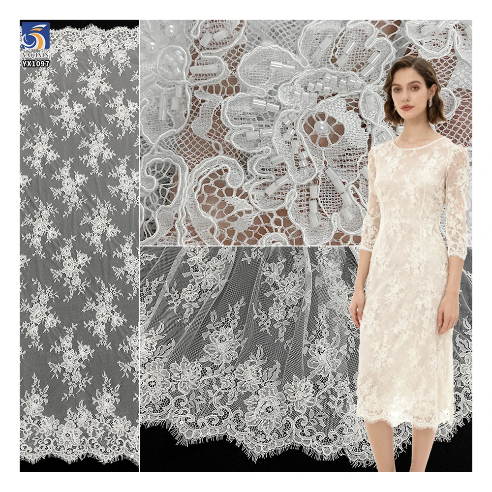 YX1097 300*150CM French Lace Fabric 15 Pieces Heavyweight Luxurious Wedding Dress Eyelash Lace Fabrics With 3D Pearl Beads - 图片 6