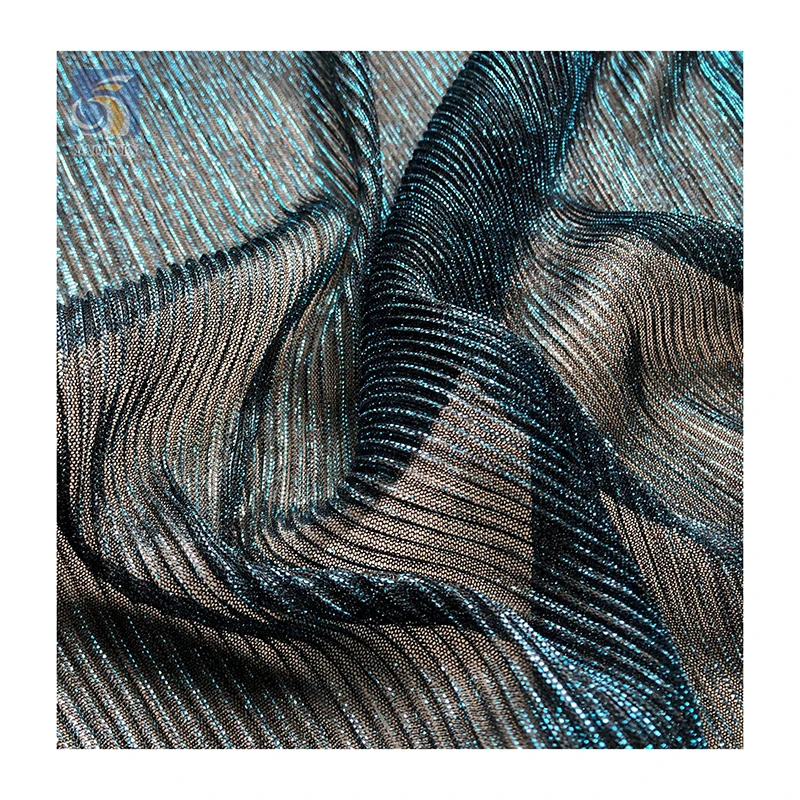 New Fashion Dance Dress Crepe Fabric 100%Polyester Knitted Strip Pleats Shiny Stretch Lurex Mesh Fabric - 图片 6