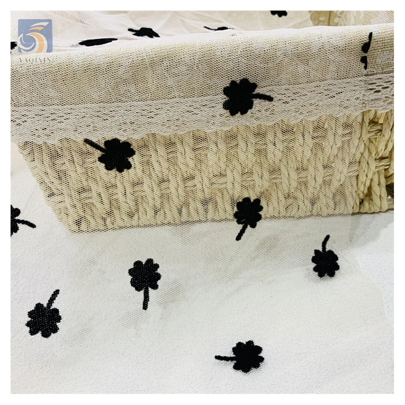 Competitive Price Flock Tulle Net Fabric Dress Model Latest Black French Small Floral Flocked Tulle Mesh Lace Fabric - 图片 5