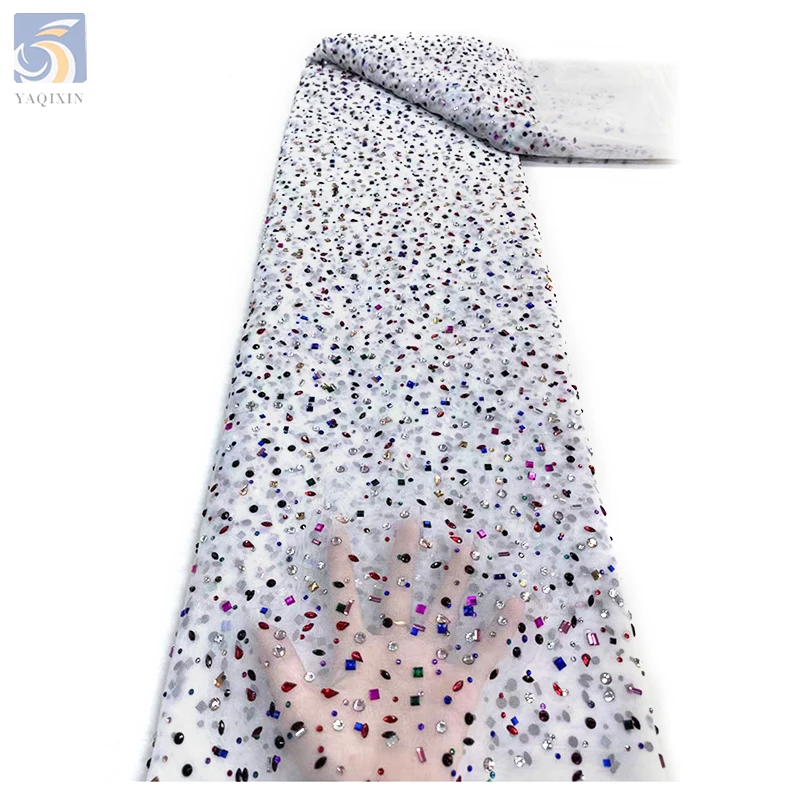 YX2366 Luxury Beaded Lace Fabric Crystal Rhinestone Mesh Fabric Tulle Embroidery Beaded Shiny Stones Lace Fabric - 图片 5