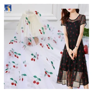 Pretty Cute Cherries Glitter Pattern Printed Tulle Mesh Fabric Polyester Tulle Netting for Girl Dress