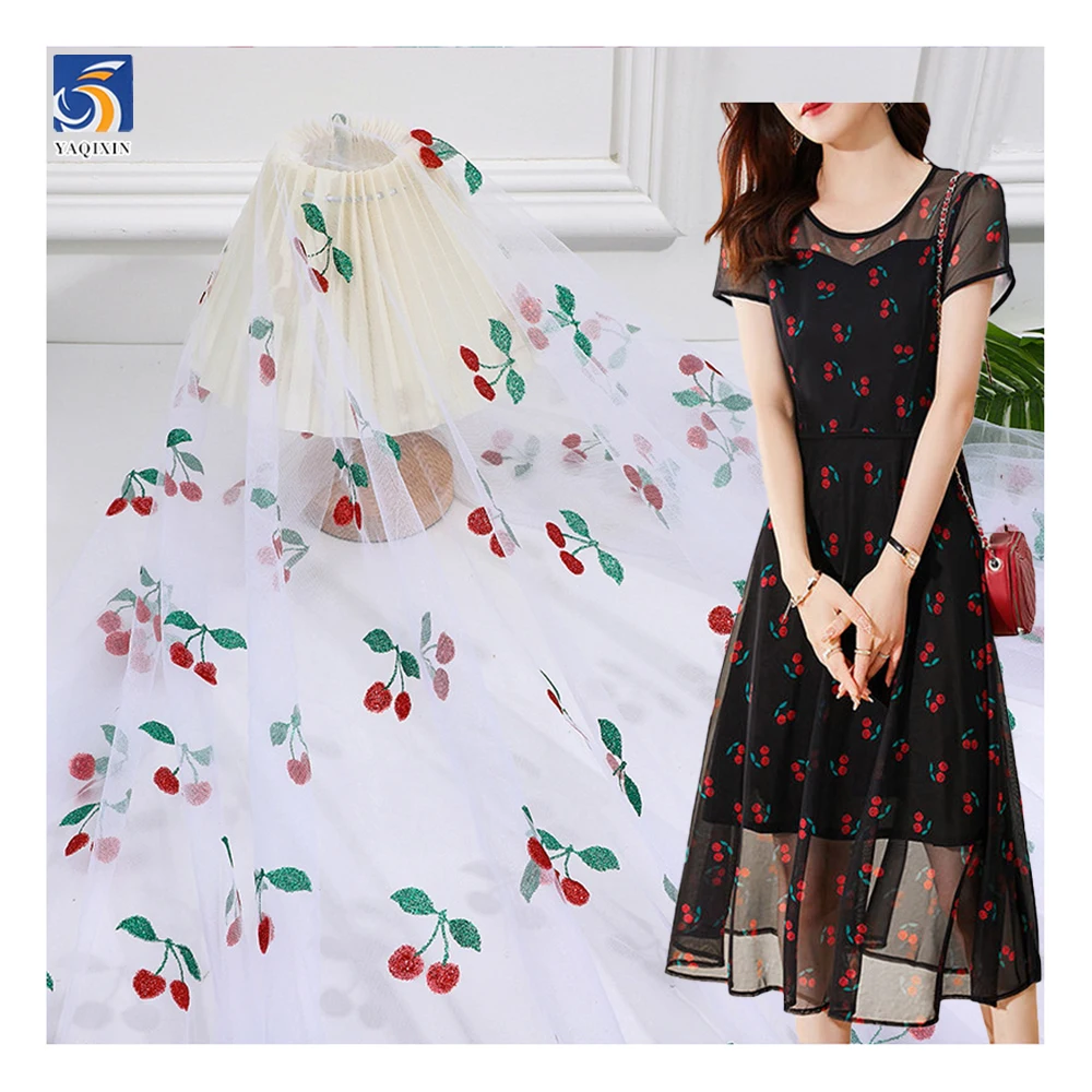 Pretty Cute Cherries Glitter Pattern Printed Tulle Mesh Fabric Polyester Tulle Netting for Girl Dress