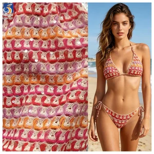 YX1432 Color Block Lace Jacquard Hollow Fabric 8mm Transparent Sequin Ethnic Knit Mesh Swimwear Bikini Fabric 130cm Wholesale