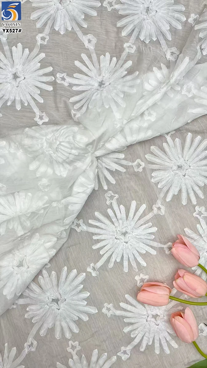 YX527 American White Chiffon Embroidery Fabric for Cheongsam Polyester 3D Embroidery Flowers Chiffon Fabric With Dots - 图片 4