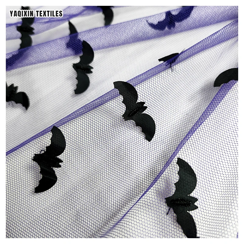YX2264-1 New Fashion Halloween Fabric Textile Black Bat 3D Embroidery Dress Mesh Fabric Soft Tulle 100 Polyester Fabric - 图片 5