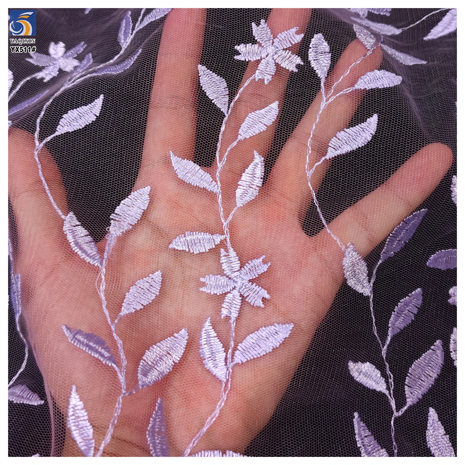 YX511 New Design Embroidery Fabric 2025 100% Polyester Leaf Pattern Embroidered Purple Tulle Mesh Fabric - 图片 5