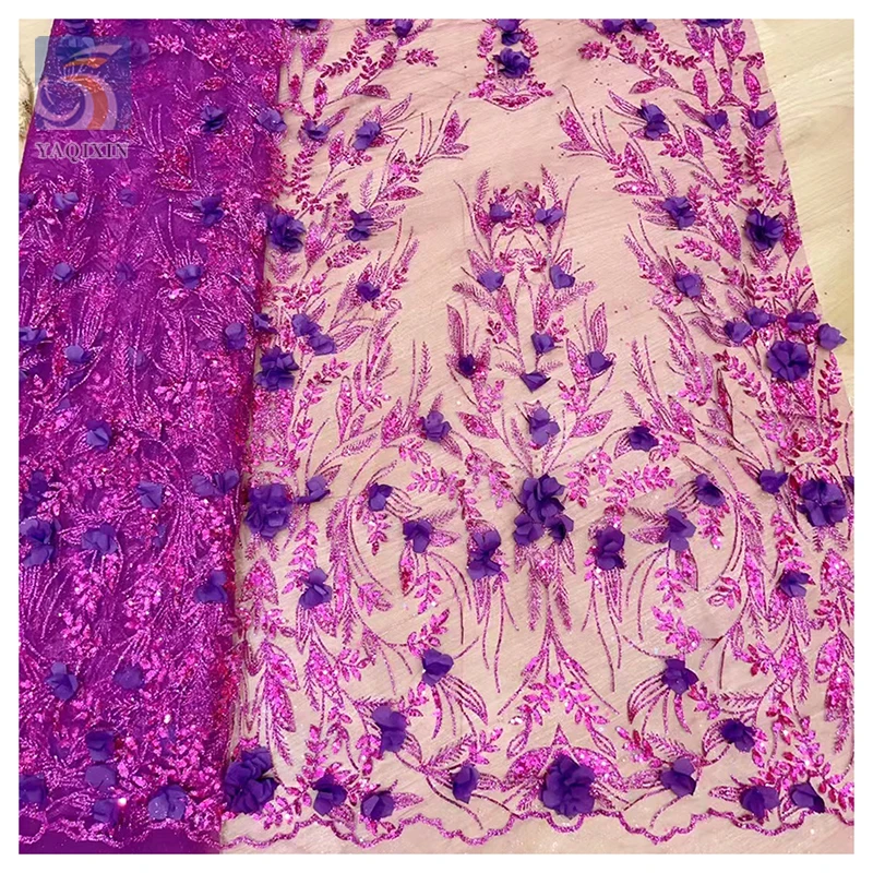Direct Sales Wholesale Price 3D Flower Lace Fabric Bridal Nigerian African Purple Crystal Glitter Lace Sequins Fabric Mesh - 图片 6
