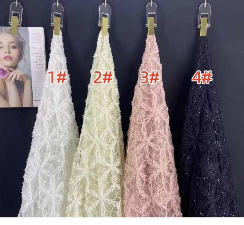YX1216 American Summer Knitted Embroidery Flowers Fabric Mesh Crochet Rope Lace Fabric With Sequins for Women Dress - 图片 2