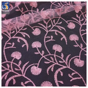 YX515 Cute Pink Floral Embroidered Girl Net Fabric 2025 Customized Polyester Mesh Fabric Embroidery