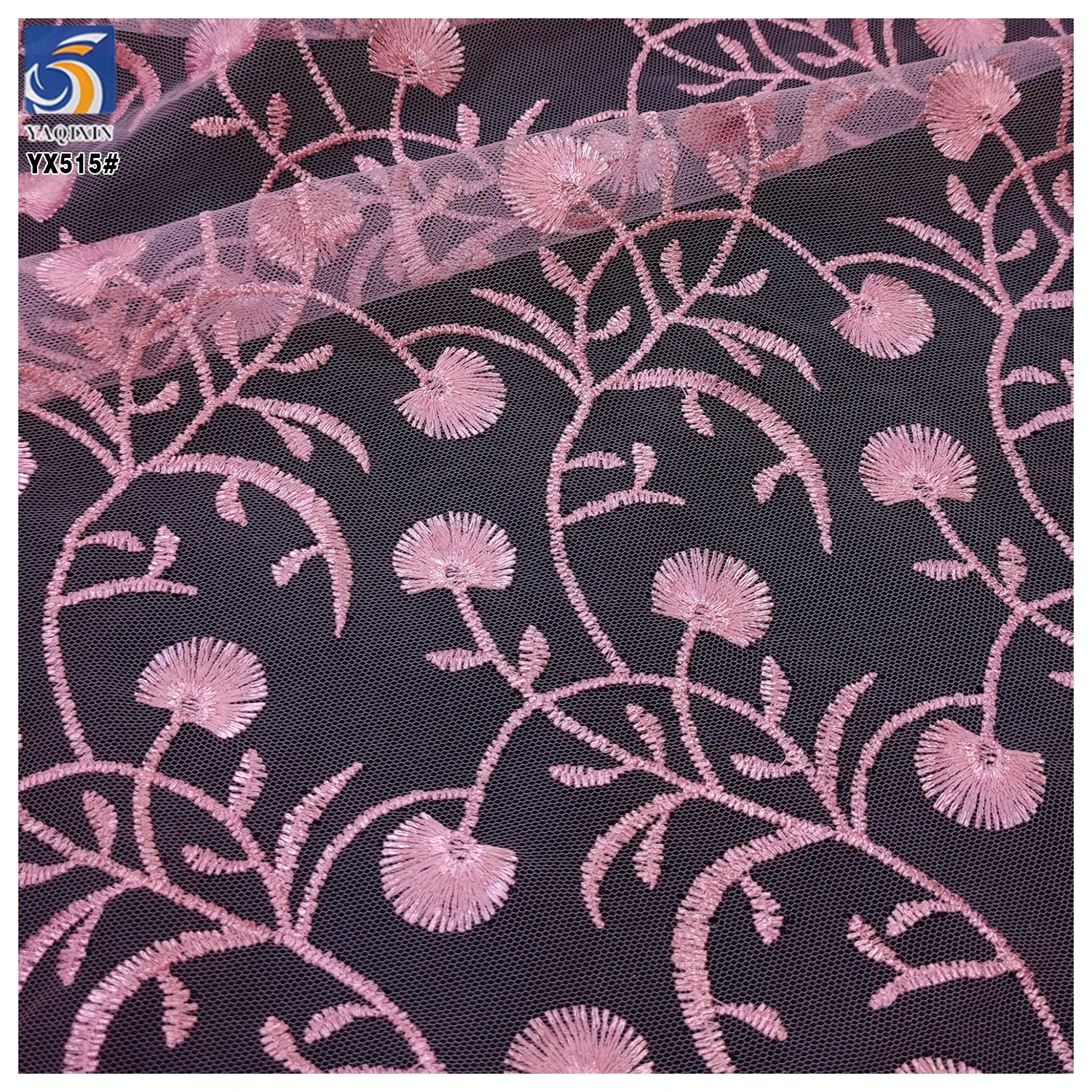 YX515 Cute Pink Floral Embroidered Girl Net Fabric 2025 Customized Polyester Mesh Fabric Embroidery