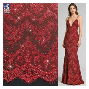 YX1347 2026 Chinese New Year Red Lace Fabric With 3D Shiny Stones Tulle Embroidered Eyelash Lace Fabric for Clothing