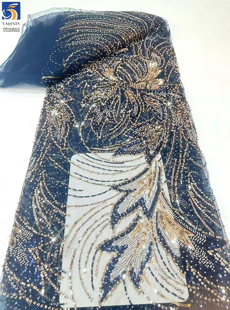 YX1521 300gsm White Bridal Mesh Fabric With Purple Gold Leaf Beaded Embroidery Lace Fabric for Couture Dress - 图片 4