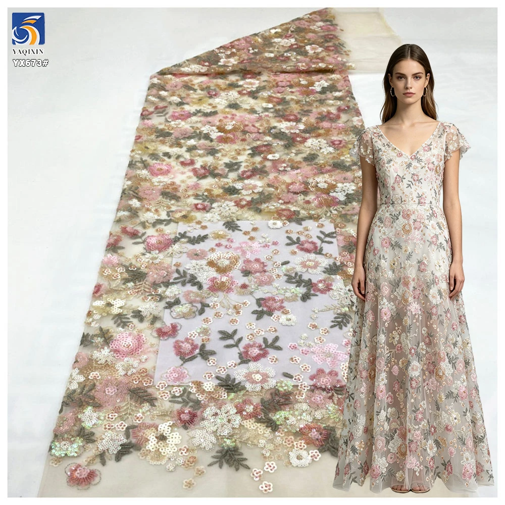 YX673 Luxury Colorful Polyester Floral Embroidery Lace Tulle Fabric for Women's Clothing Embroidered Floral Fabric