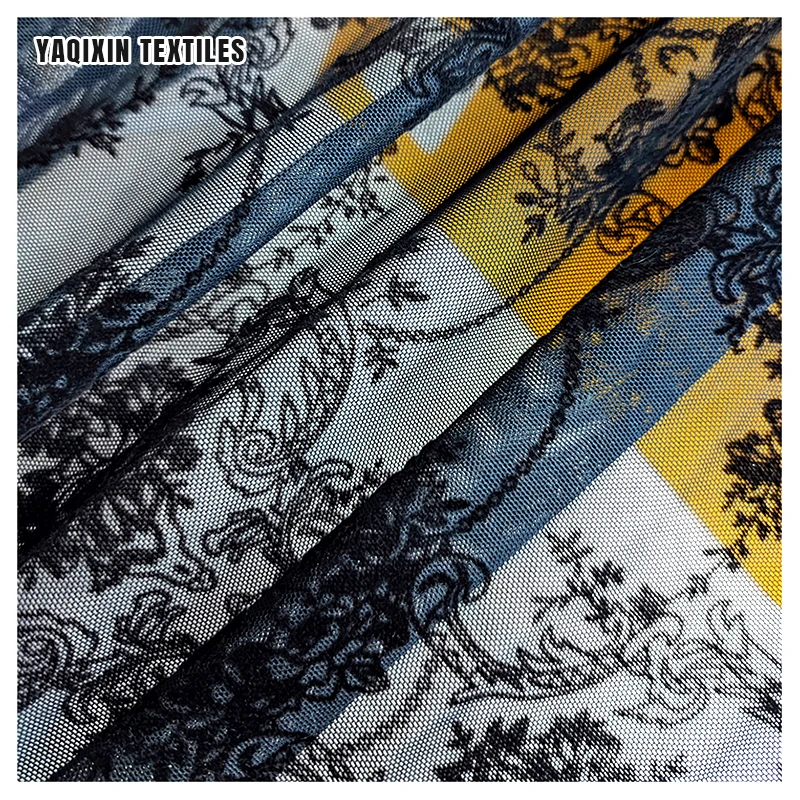 In Stock Polyester Spandex Flocked Floral Mesh Lace Fabric in Black 4 Way Stretch Power Mesh Net Fabric for Dress - 图片 6