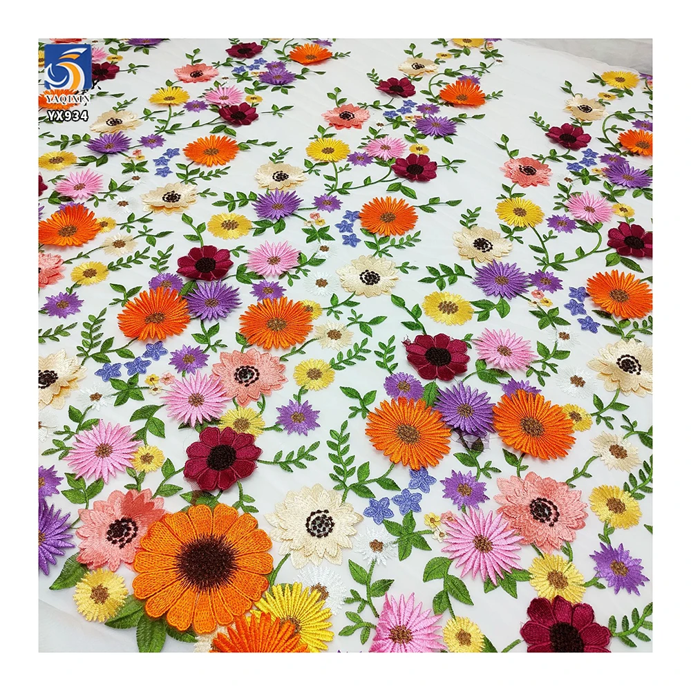 YX934 2026 Three-Dimensional Yarn-Dyed Chrysanthemum Embroidery Fabric Colorful Big Flowers Tulle Mesh 3D Embroidery Fabric - 图片 3