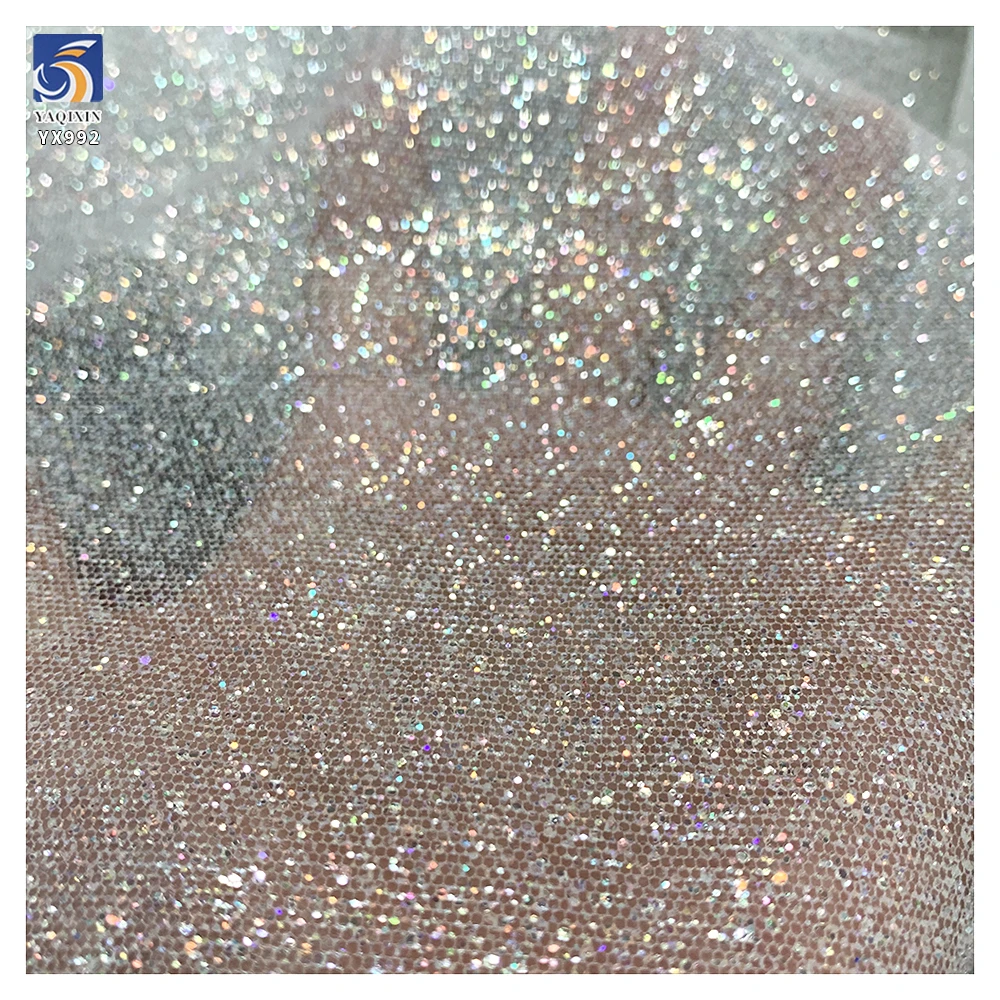 YX992 2026 Holographic Super White Dust Glitter Tulle Fabric Soft Flash Spark Glitter Mesh Wedding Bride Fabrics Wedding - 图片 3
