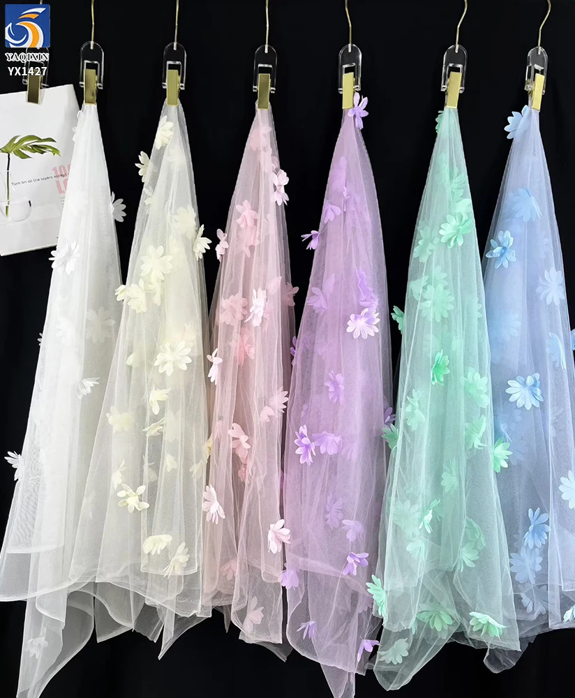 YX1427 Wholesale 3D Florals Embroidery Tulle Mesh Fabric Children Dress Soft 3D Net Lace Pastel OEM ODM Factory - 图片 2