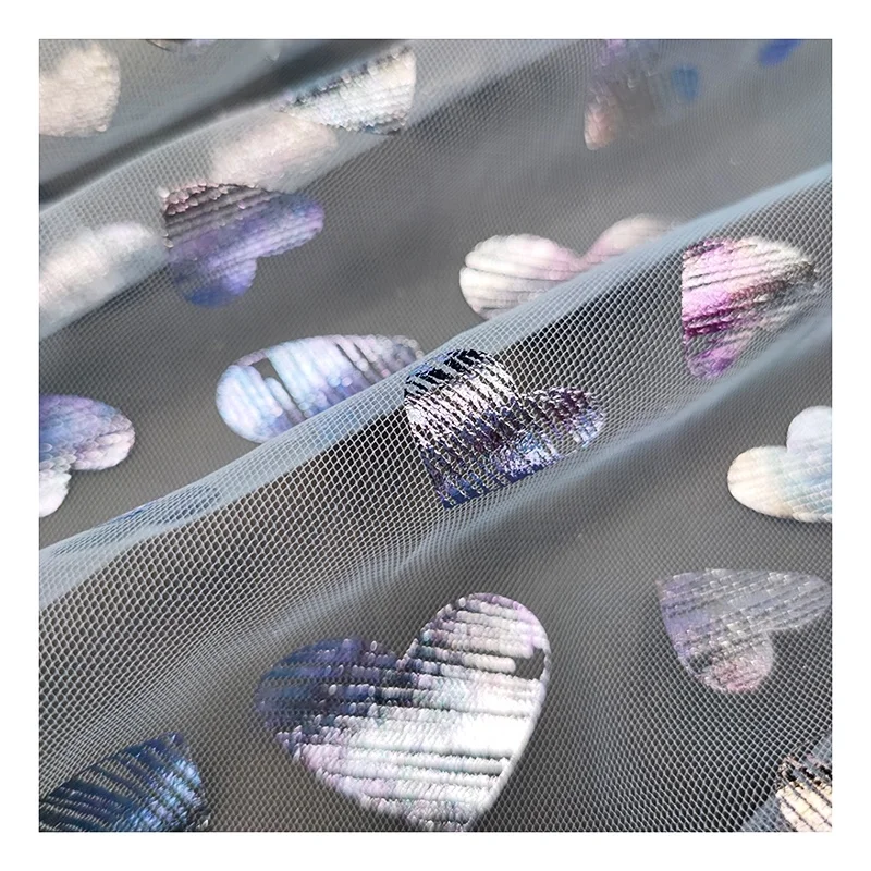 KT008 Valentine's Day Polyester Heart Tulle Fabric Customized Foil Printed Glitter Tulle Heart Fabric for Dress - 图片 6