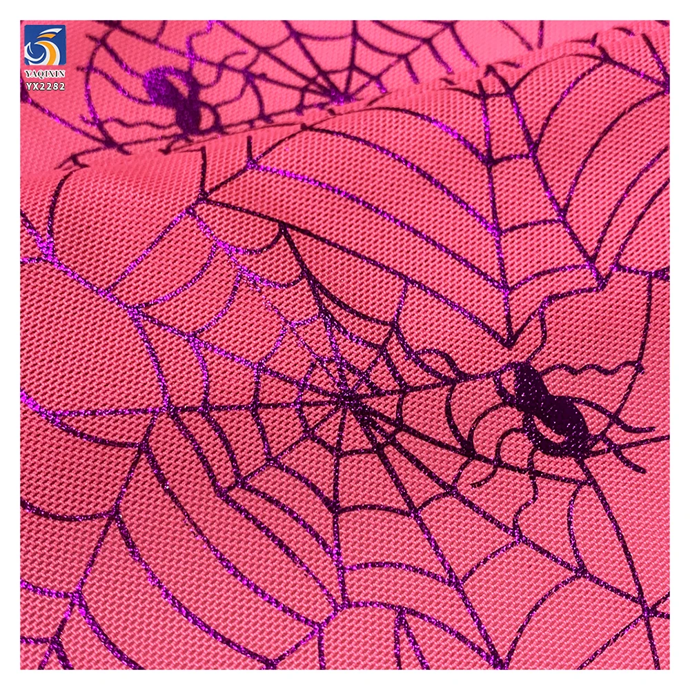 YX2282 Purple 4 Way Stretch Spandex Nylon Power Net Mesh Fabric Printed Glitter Spider Web Mesh Halloween Clothing Fabric - 图片 5