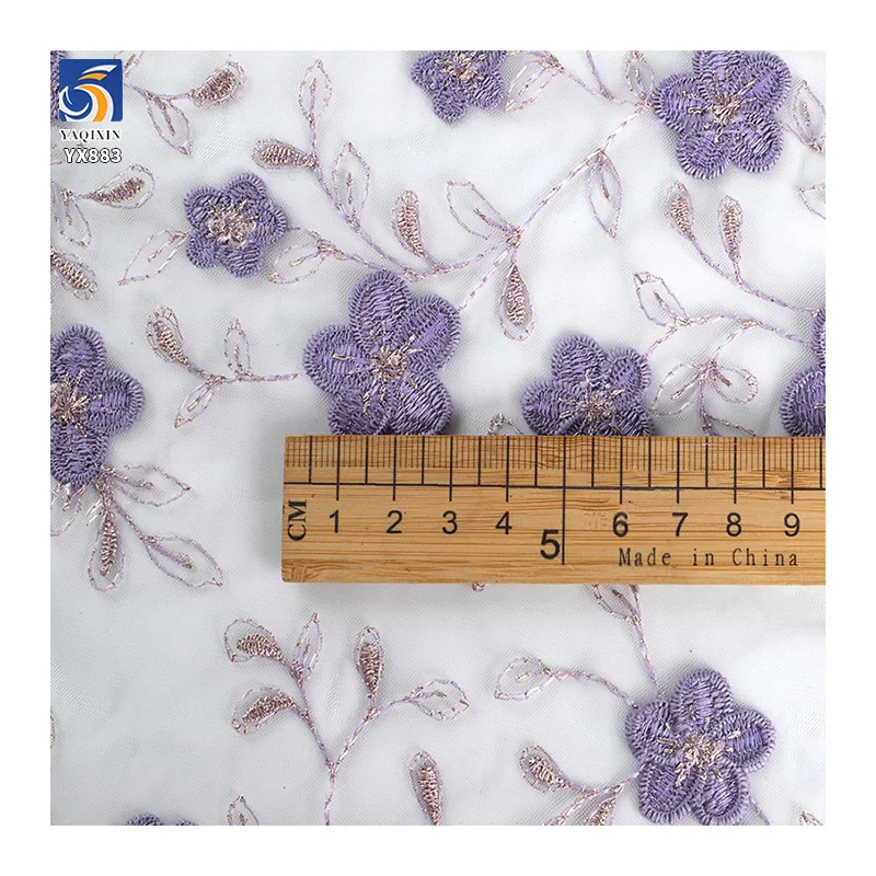 YX883 DIY Custom Plant Flowers Tulle Fabric Polyester Mesh Lavender Purple Embroidered Tulle Fabric With Small Florals - 图片 5