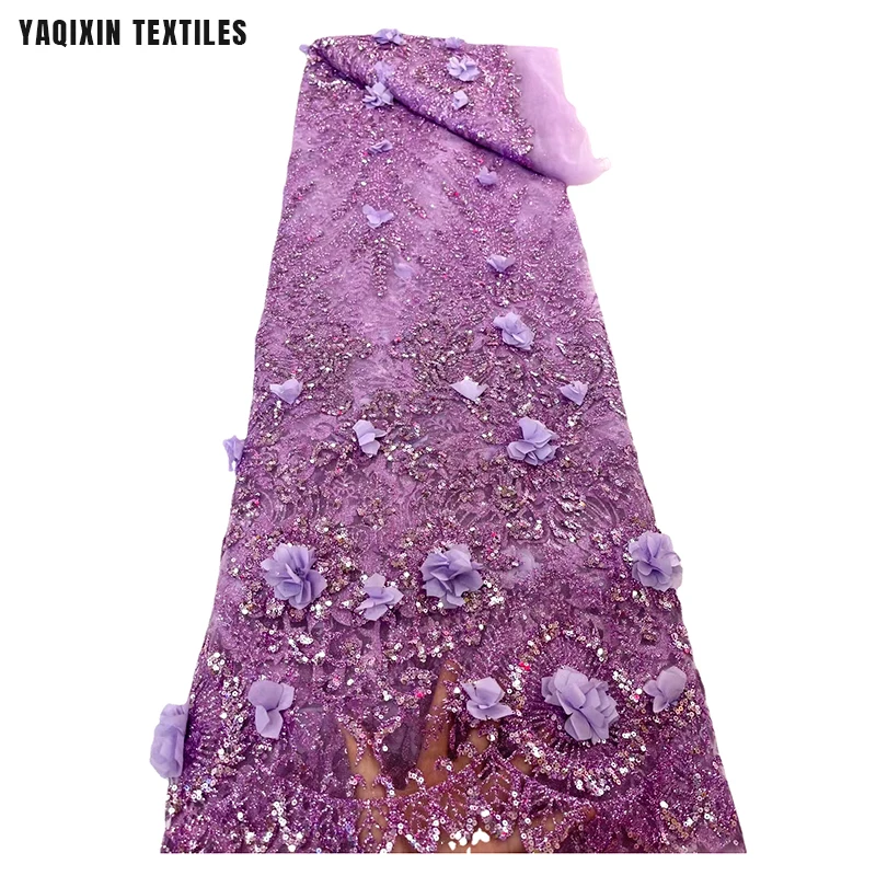YX2256 High-End Luxury French Dress Lace Fabric Chiffon 3D Flower Pink Peach Glitter Sparkle Embroidered Tulle Lace Fabric - 图片 6