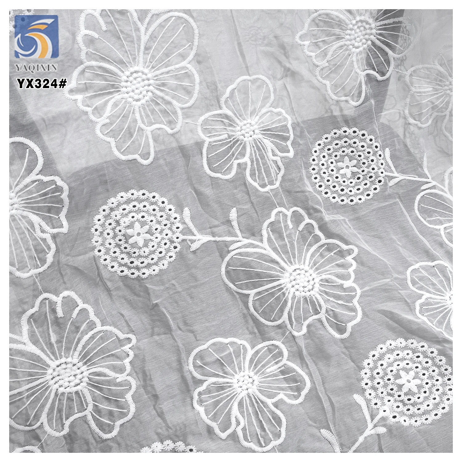 YX324 Wholesale Handmade Hollow Polyester Chiffon Embroidered Lace Fabric Floral White Embroidered Chiffon Fabric - 图片 4