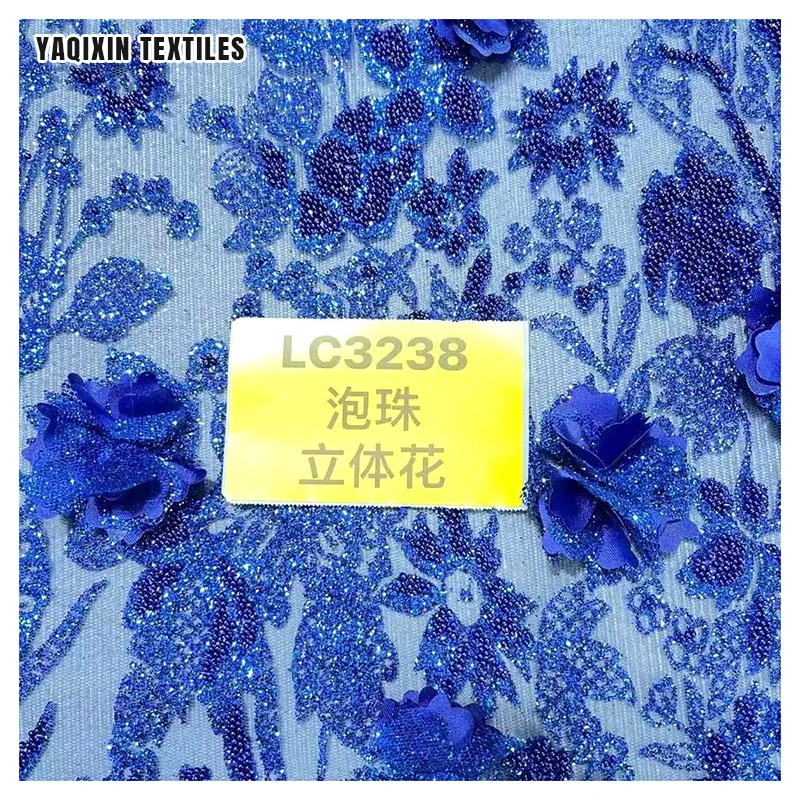 Royal Blue 3D Lace Fabric Flower Beaded Embroidered Luxury Bridal Shiny Glitter Lace Fabric Tulle - 图片 5