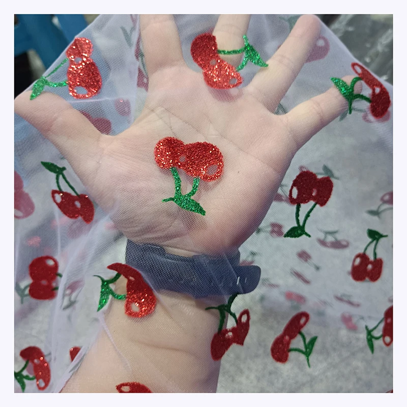 Pretty Cute Cherries Glitter Pattern Printed Tulle Mesh Fabric Polyester Tulle Netting for Girl Dress - 图片 5