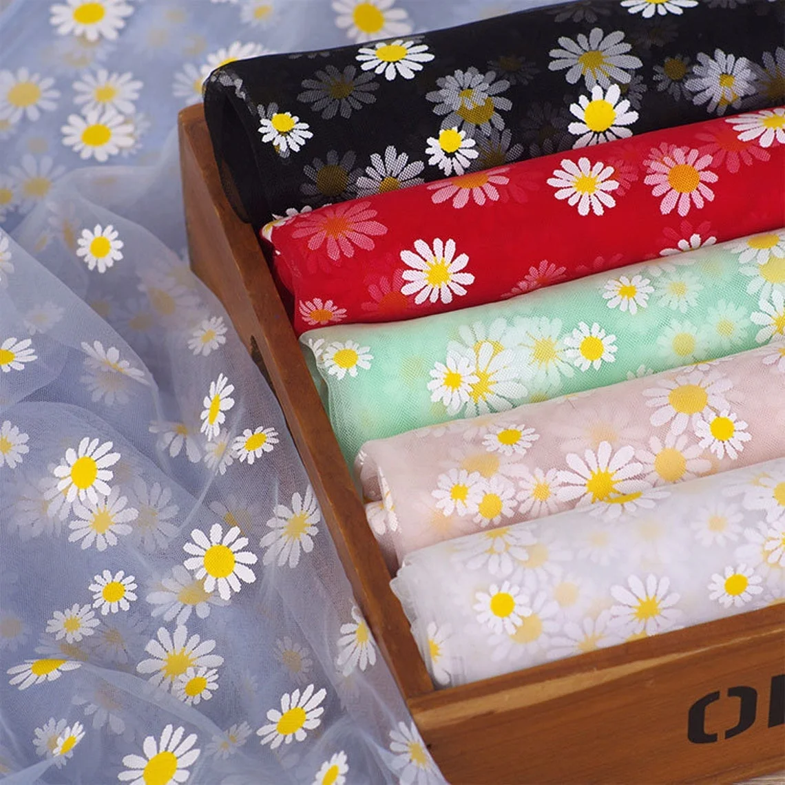 YX103 Daisy Fabric,Daisy Print Tulle Fabric,Soft Mesh Print Daisy Fabric for Doll Dress/Tutu Dress - 图片 3