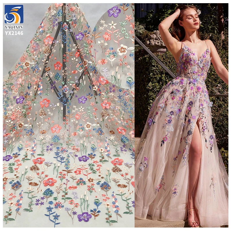 YX2146 YAQIXIN Golden Supplier YX2146 Multi-Color Floral Embroidery Material Fabric Mesh Lace Cheongsam Fabric China Dress