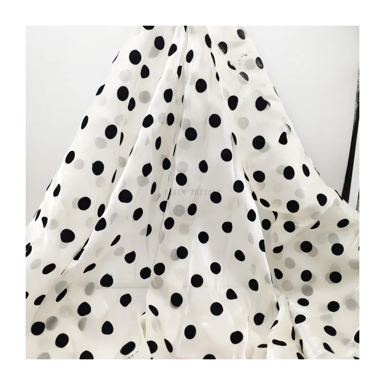 Guangzhou Manufacturer Wholesale Price White 100 Polyester Flocked Black Polka Dot Organza Fabric - 图片 3
