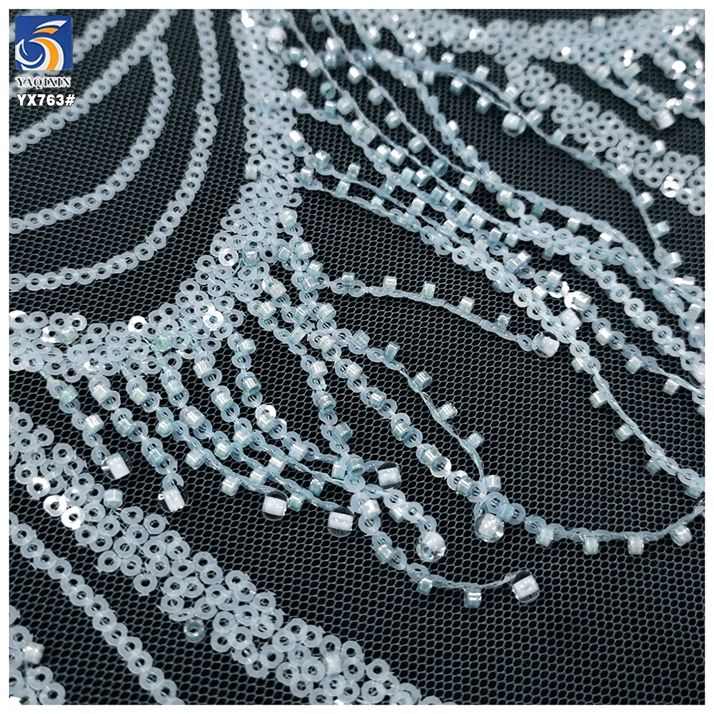 YX763 Latest Width 130cm Weight 250gsm European Style Beaded Embroidery Mesh Wedding Dress French Tassel Lace Fabric - 图片 5