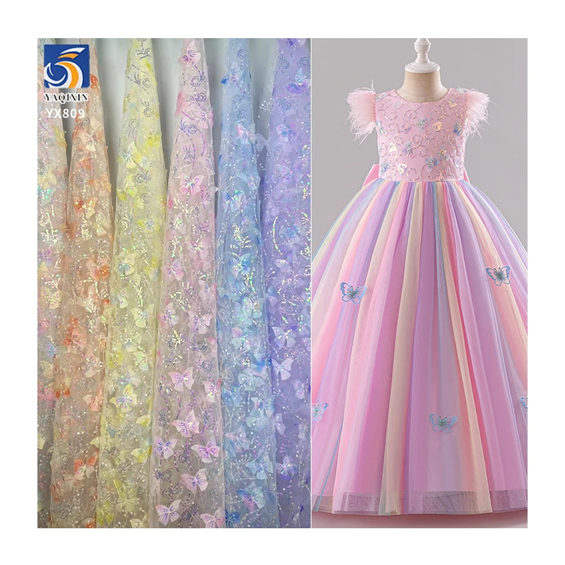 YX809 New Two-color Sequins Embroidery Butterfly Flower 3D Tulle Skirt Children's Fabric 2025 Girls Skirt Tulle Sequins