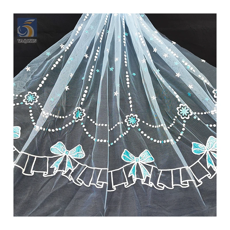YX2672 New Design Frozen Princess Elsa Tulle Children Dress Fabric Azure Glitter Offset Printing Mesh Fabric - 图片 6