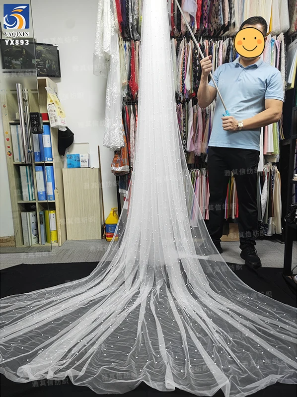 YX893-1 Online Wholesale 118 Inches 3D Beads Pearls Tulle Fabric Bridal 100 Polyester White 3D Mesh Fabric Wedding Tulle - 图片 3