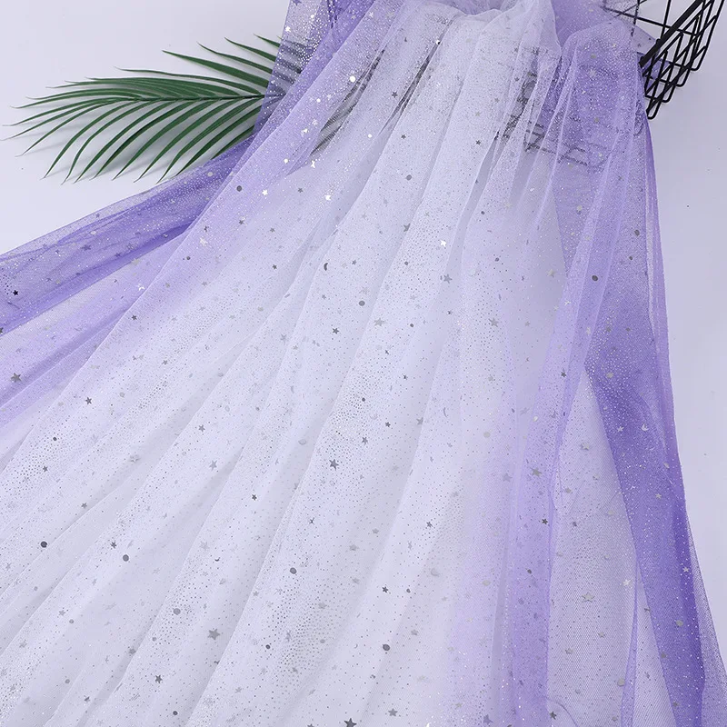 DX144 Sequin Gradient Tulle Metallic Silver Moon Star Glitter Lace Fabric Girl Dress Fabric Ombre Fabric - 图片 3