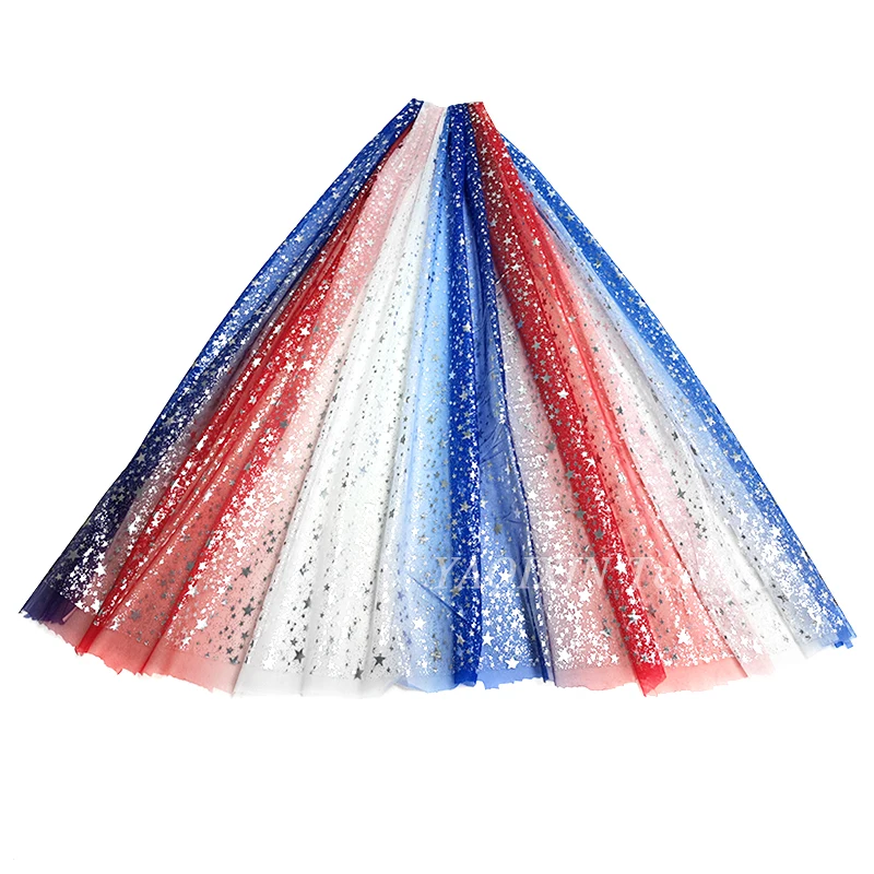 YX2117 American Independence Day Design Fabric Polyester Gradient Rainbow Digital Print Shiny Galaxy Star Tulle Mesh Fabric - 图片 3