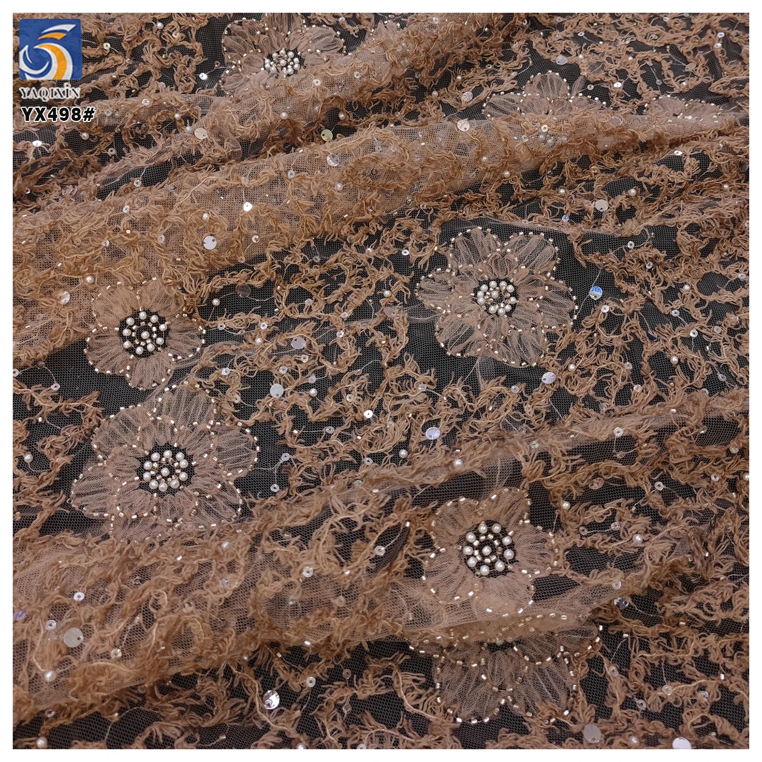 YX498 Hot Selling New Fabrics Bride 3D Lace Fabric With Sequin Flower Pearl Wedding Mesh Net Fabric - 图片 6