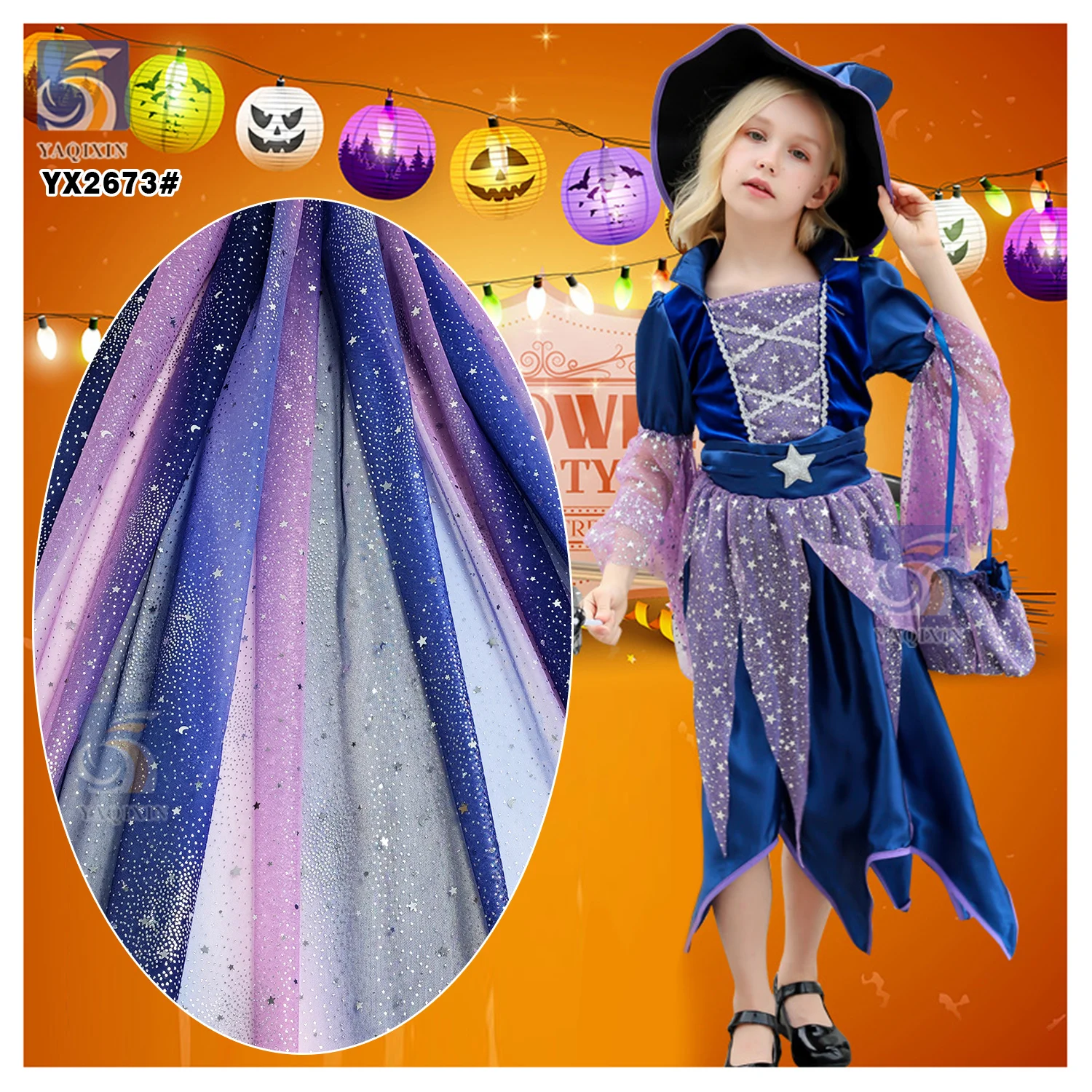 YX2118 Customized Purple Star Sequin Mesh Princess Dress Fabric Fashion Children's Halloween for Girls Made From China