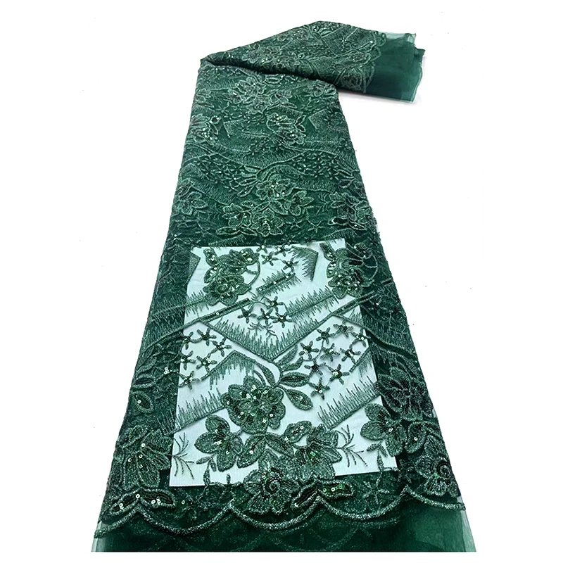 YX2101 Hot Sales Polyester Emerald Green Roses Flower Embroidery Net Lace Fabric with Sequin Wedding Dress - 图片 4