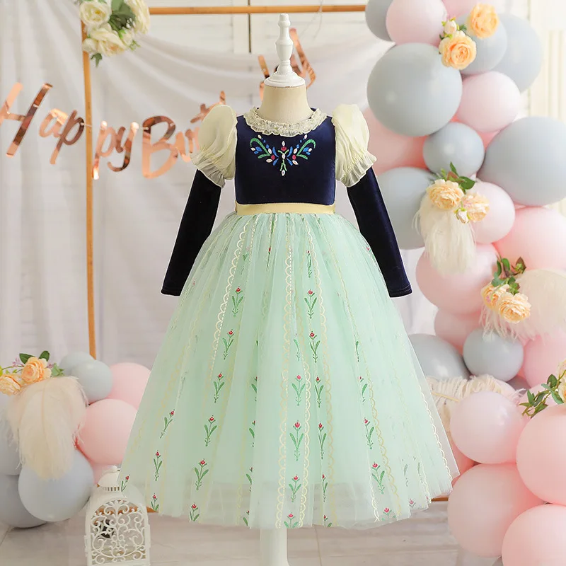 YX327 American Cartoon Snow Princess Anna Princess Skirt Fabric Glitter Print Polyester Soft Light Green Tulle Fabric