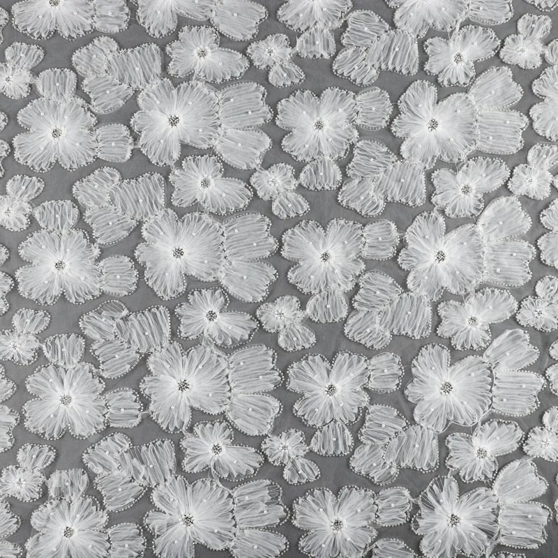 YX2284 Beautiful Mesh Flowers Embroidery Lace Fabric White Polyester Embroidery Tulle Pearl Sequins Mesh Fabric - 图片 6