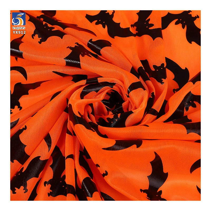 YX912 2026 New Design Black Bats Foil Print Mesh Tulle Orange Halloween Fabric Knitted Printing Halloween Mesh Fabric - 图片 3