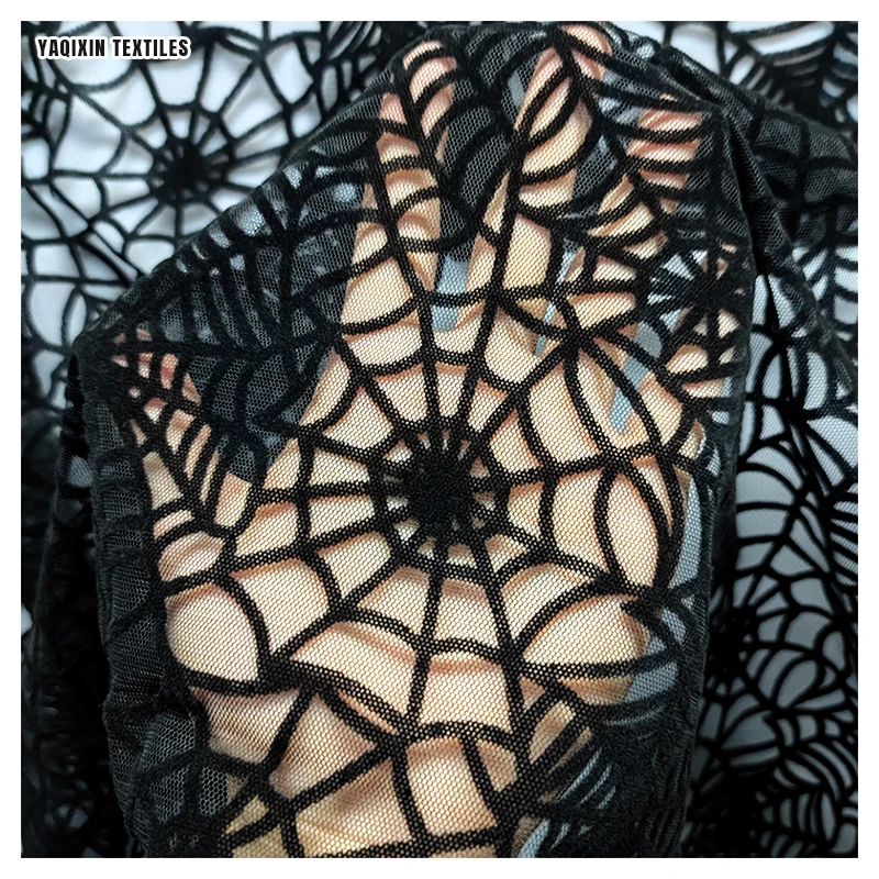 Wholesale 3D Velvet Spider Web Tulle Fabric - Black Embossed Flocked Halloween Costume Material (Custom Width) - 图片 5