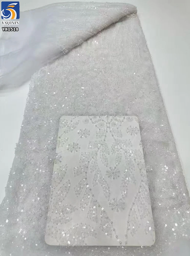YX1518 140cm 300gsm China Factory Supplier Gold Pattern Sequin Beaded Mesh Lace Fabric for Bridal Gown - 图片 5