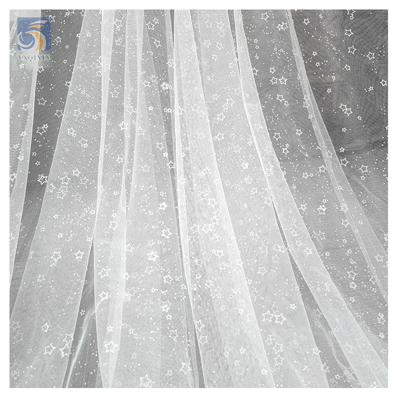 SG08 Wholesale Customized Glitter Silver Stars Tulle Soft Mesh Children's Dress Fabrics