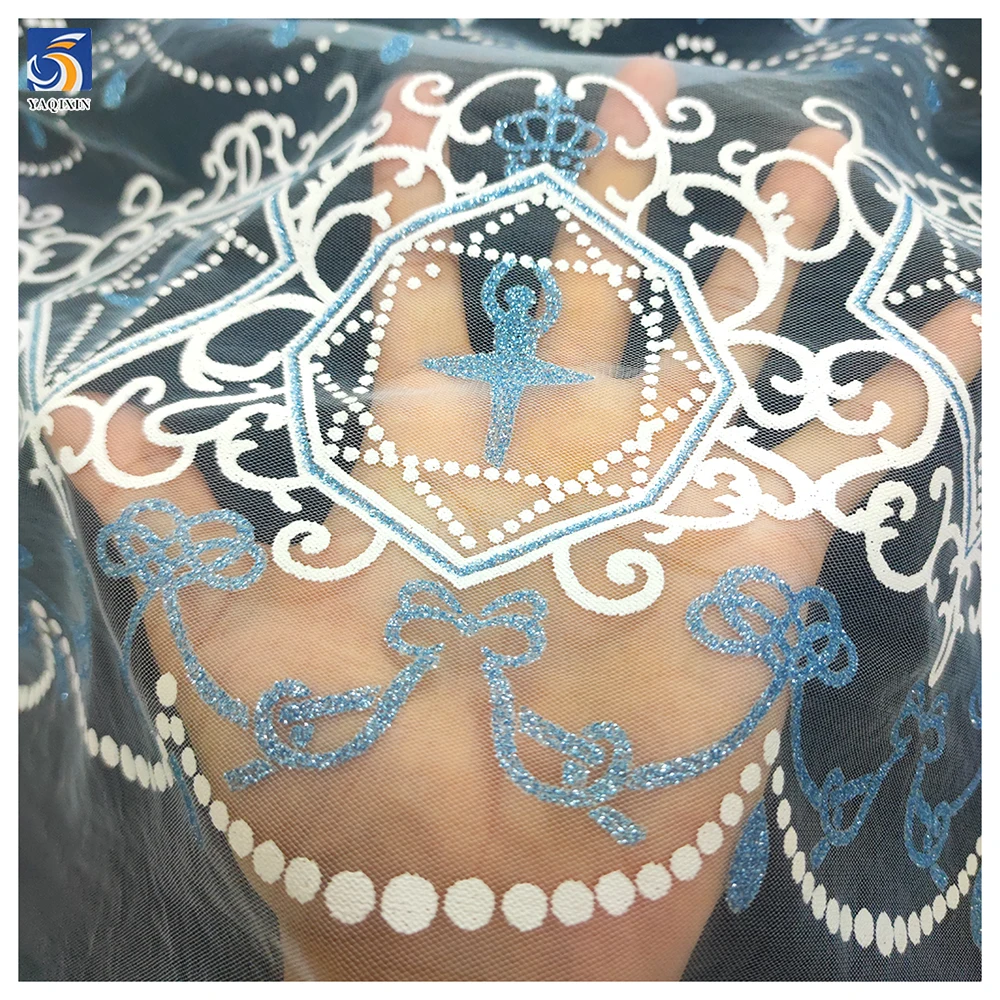 YX967 Clearing Out Inventory at a Loss Cheap Bulk Fabric Wholesale Blue and White Snowflake Printed Tulle Fabric for Sales - 图片 6