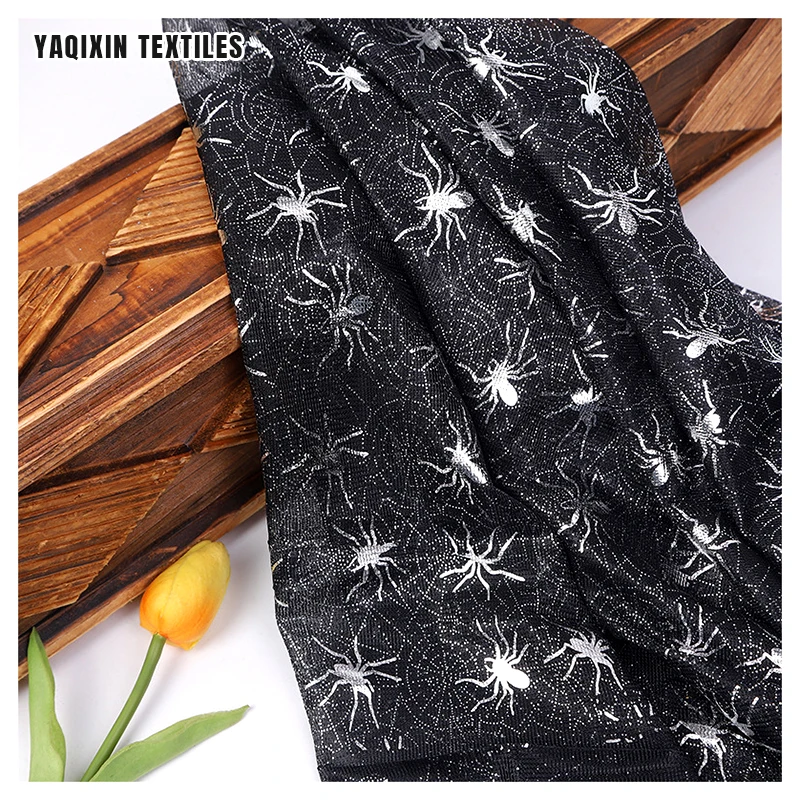 New Pumpkin Bat Spider Web Printed Tulle Mesh Fabric Black Polyester Gold Silver Glitter Print Tulle Fabric Halloween - 图片 5