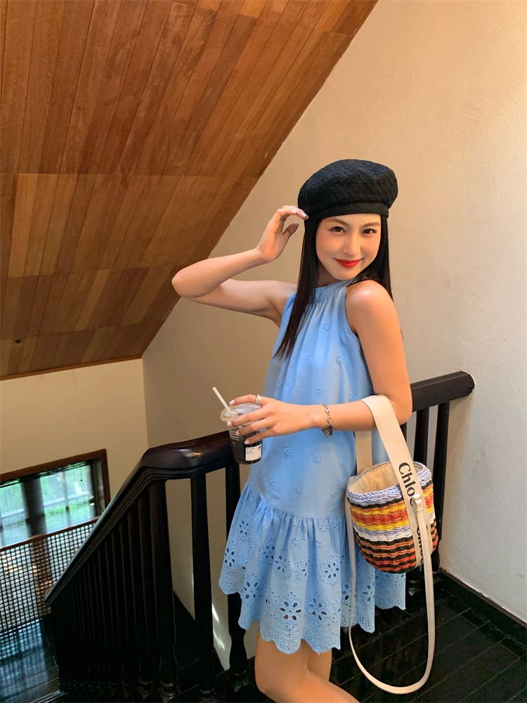 YX630 Fashion Color Sky Blue 100% Cotton Water-Soluble Lace Embroidery Fabric Girls Skirt Floral Cotton Fabric - 图片 5