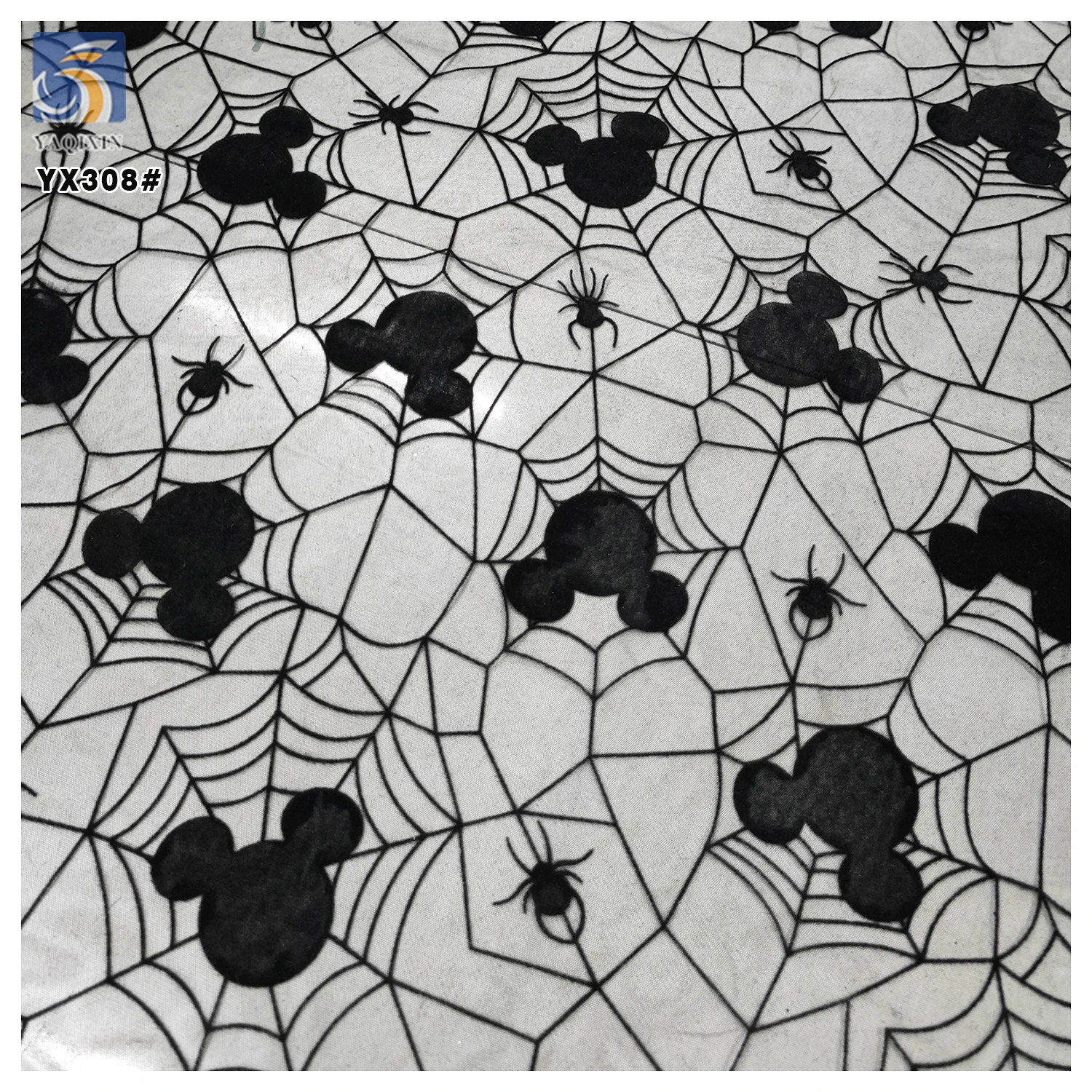 YX308 2025 Cartoon American Spider Web Mouse Pattern Tulle Fabric Soft Flocked Stretch Mesh Pure Black Fabric
